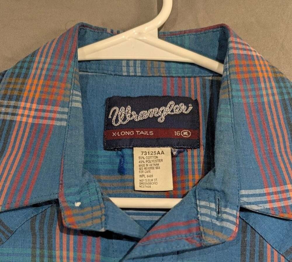 Wrangler Western Vintage Shirt Size 16 Plaid Pearl Snap Short Sleeve Blue
